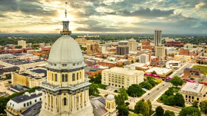 Aerial view of Missouri state capitol in Springfield, MO at golden hour.