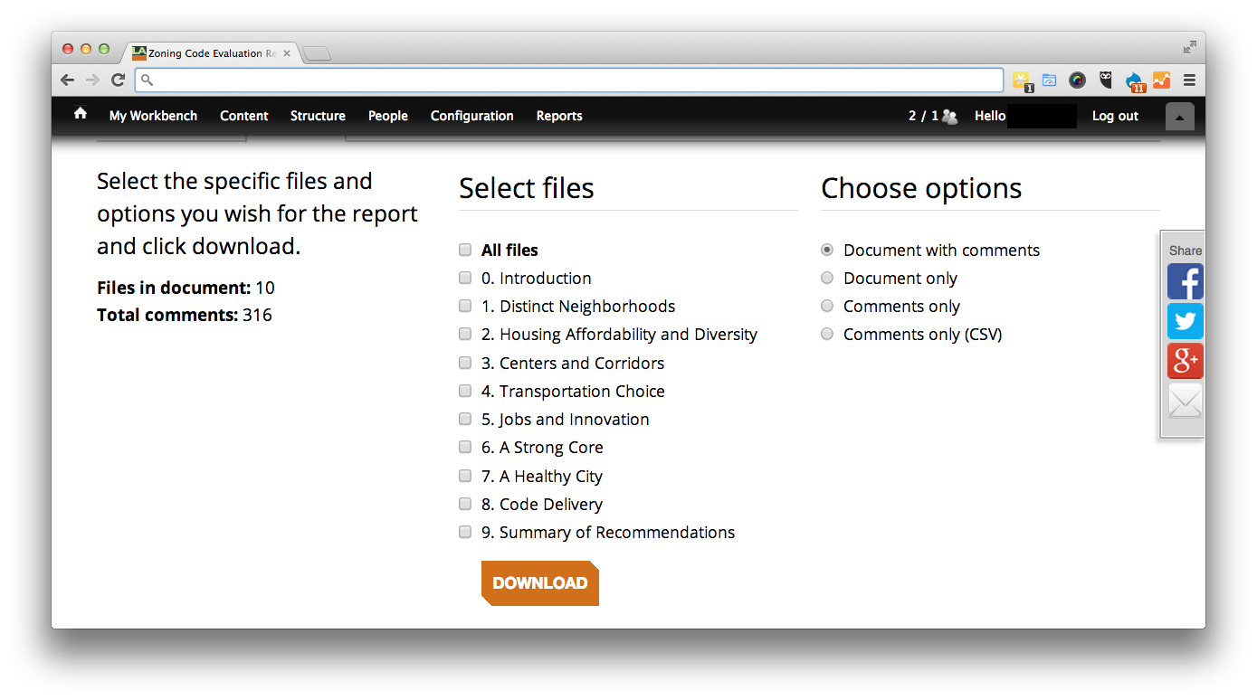 Screenshot of interface staff access to export comments embedded in the PDF.