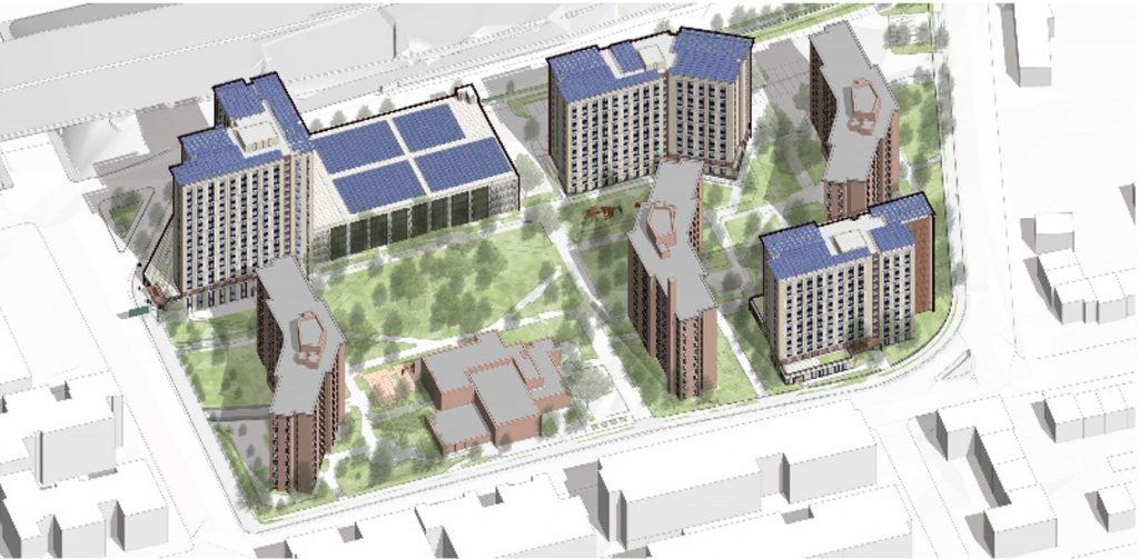 A conceptual rendering of a collection of high-rise apartment buildings.