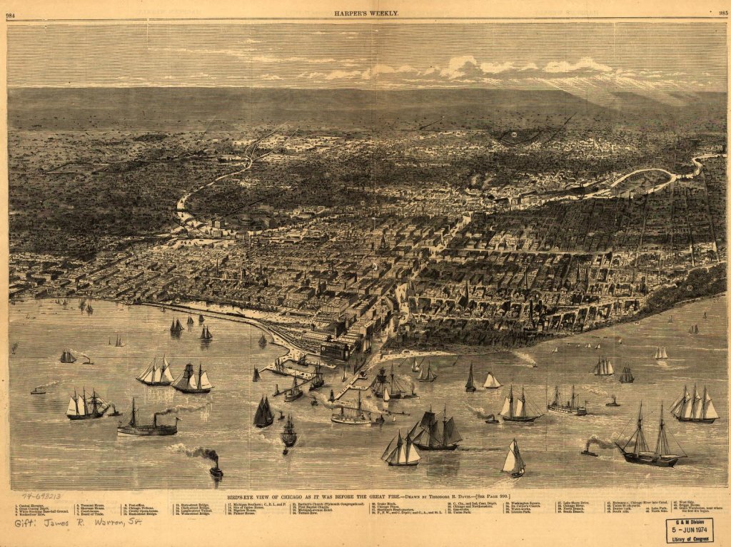 A drawing of the city of Chicago before the Great Fire