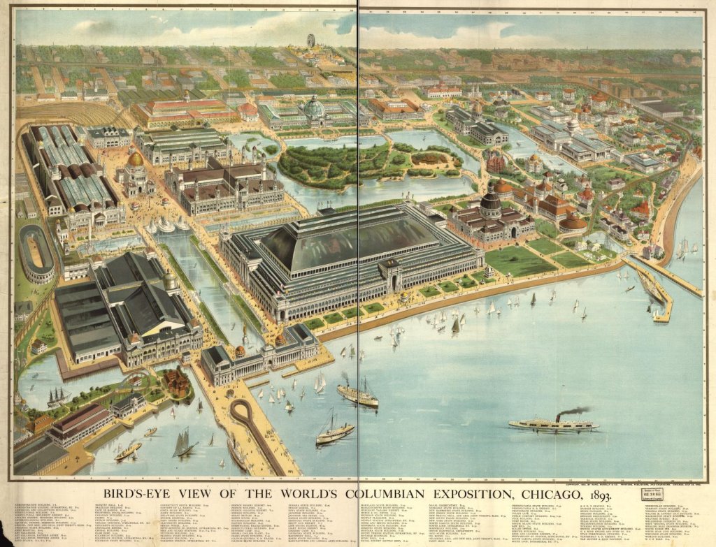 Drawing of large buildings that were built for the Columbian Exposition.