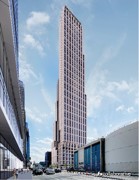 A high-rise apartment building in an urban context.