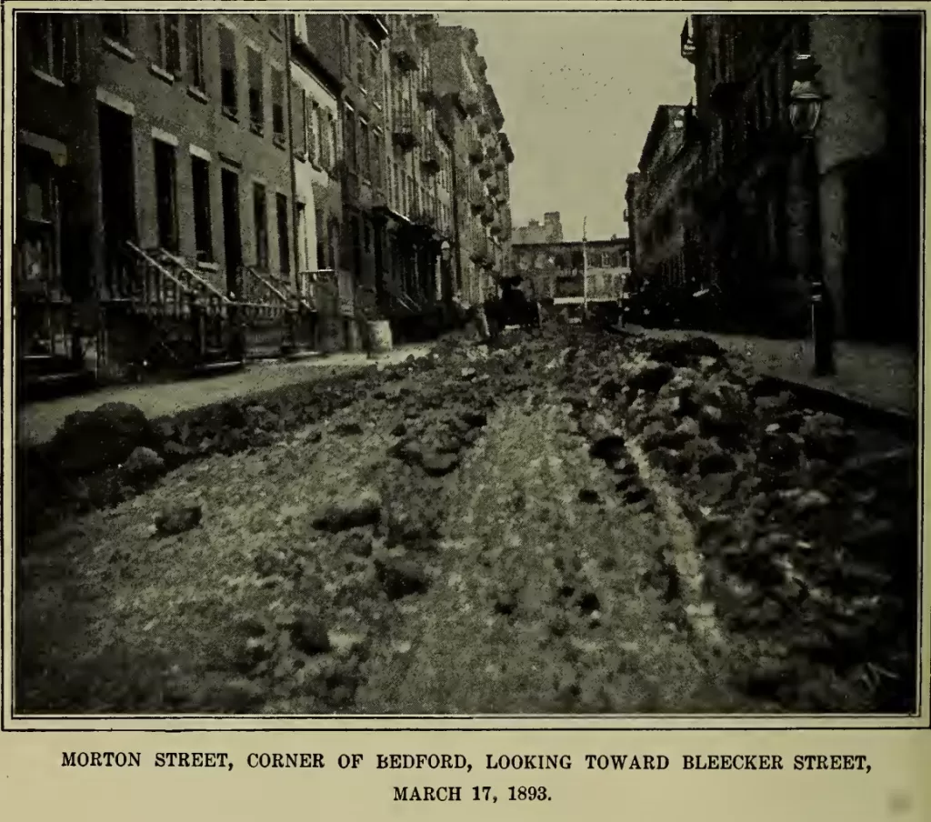 Black-and-white historic photo of a New York City street coated in piles of manure.