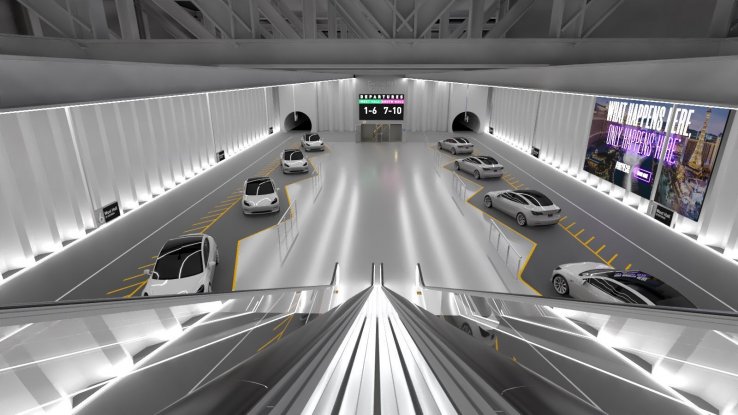 An rendering of an underground facility for boarding and departing Tesla vehicles.Las Vegas 