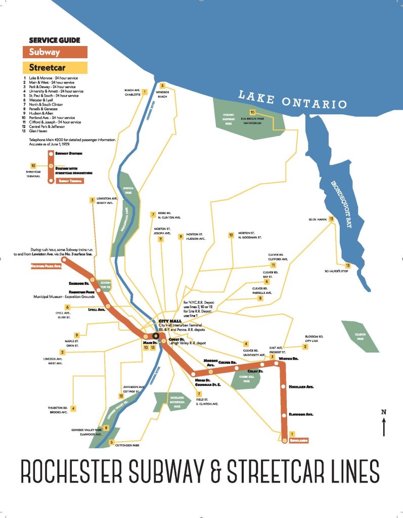 Rochester, New York map of closed subway and streetcar lines.