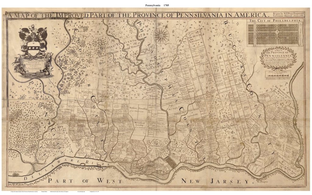 Map of Phialdelphia, Pennsylvania from 1705.