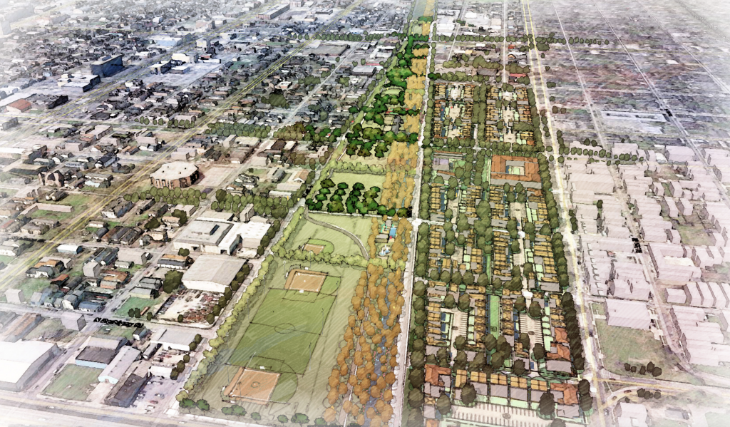 A conceptual rendering of Post Oak Boulevard in Houston showing new greenery lining the street.