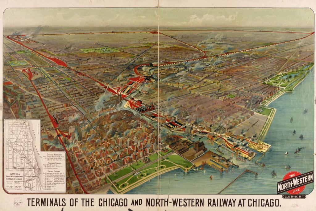 Drawing of Chicago from the perspective of Lake Michigan with the paths of the rail lines painted in red.