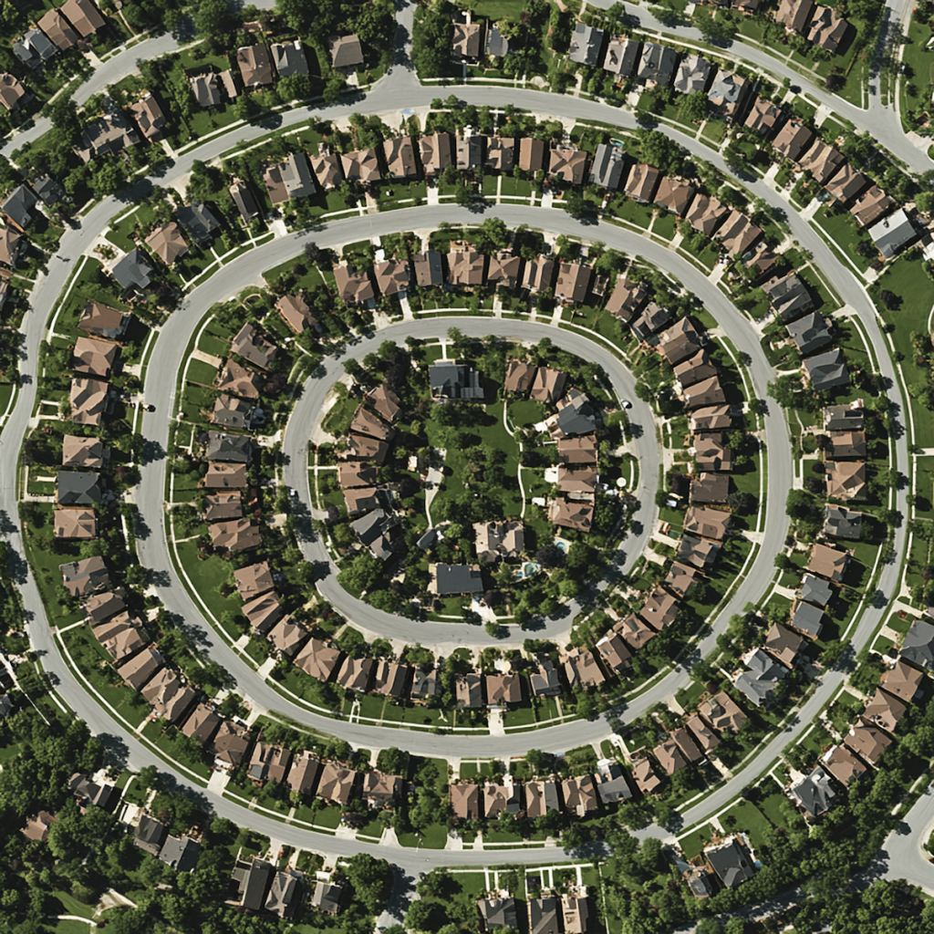 Bird's eye view of suburban neighborhood.