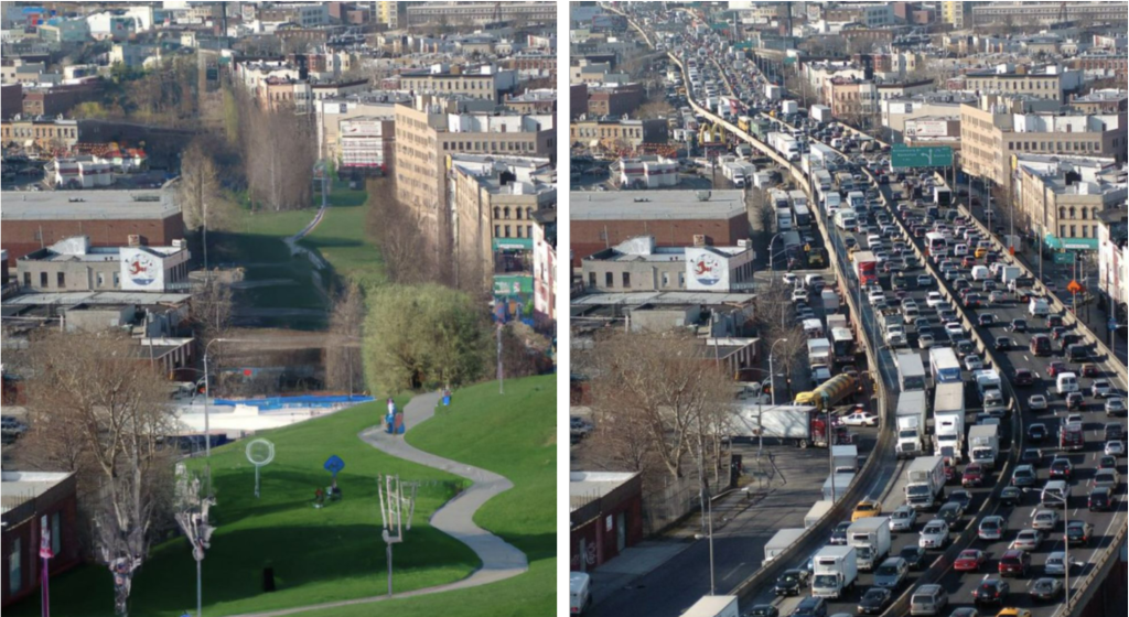 An AI-generated imagination of a highway removal project. Credit: Tom Sanchez