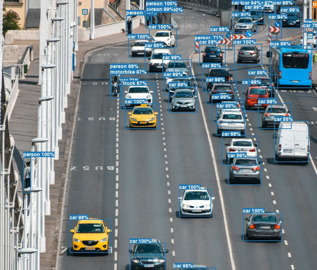 Photo of cars on multilane street with AI-generated bounding boxes.