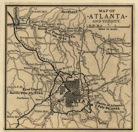 Civil War era map of Atlanta showing locations of battles