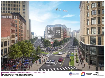 Rendering of protected bike lanes painted green in downtown Cleveland, Ohio with people and cars.