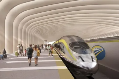 Rendering of California High-Speed Rail station with bullet train.