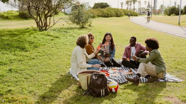 Group of five people sitting on blanket in park on sunny day having picnic.