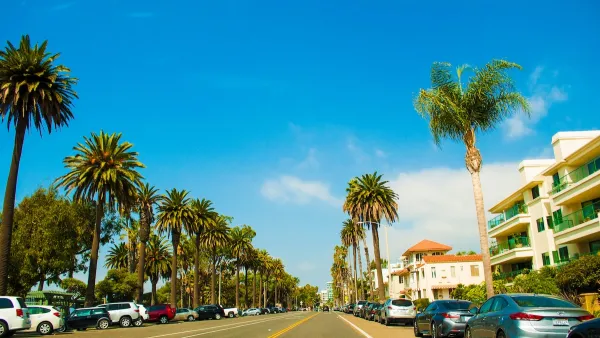Wide street in Santa Monica, California with cars parked on either side and tall palm trees lining the street on a sunny day.
