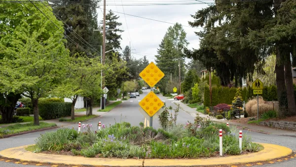 Small oundabout with plants on neighborhood street.