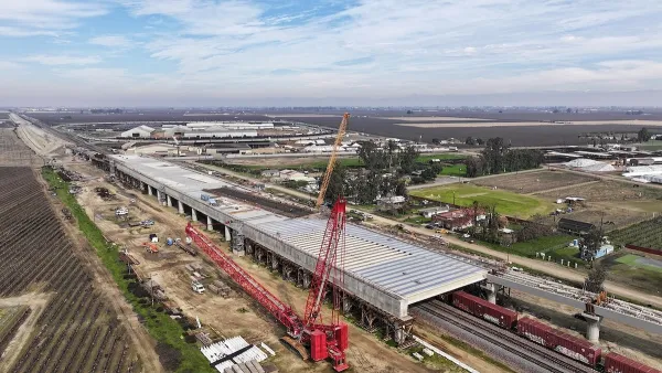 Aerial view of viaduct under construction for California High-Speed Rail.