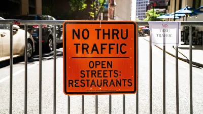 "No Thru Traffic - Open Streets Restaurants" sign in New York City during Covid-19 pandemic.