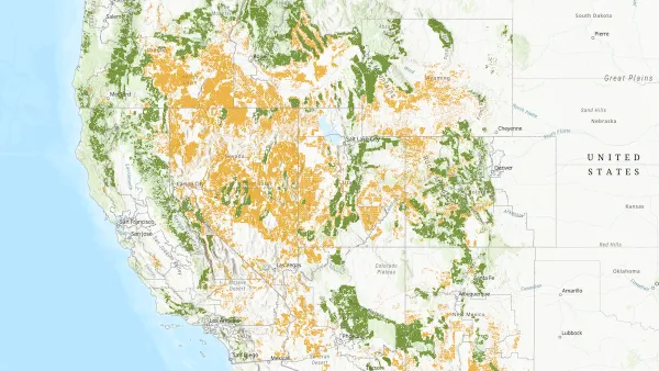 Map of Western U.S. indicating public lands that would be for sale under a Senate plan in yellow and green.